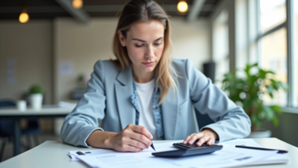 Profesionální účetní pracuje s účetními záznamy a kalkulačkou v kancelářském prostředí
